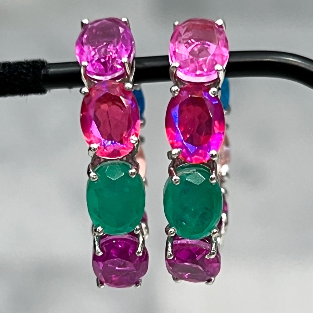 Multi Quartz Silver Rainbow Inside Out Hoop Earrings